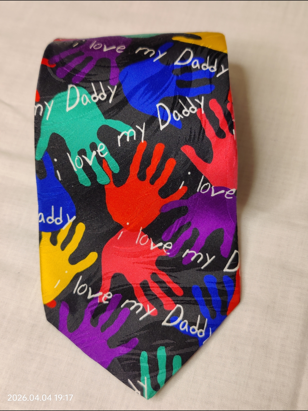 Vintage 1996 RM Style "I Love My Daddy" Silk Tie - Colorful Handprints 90s Retro